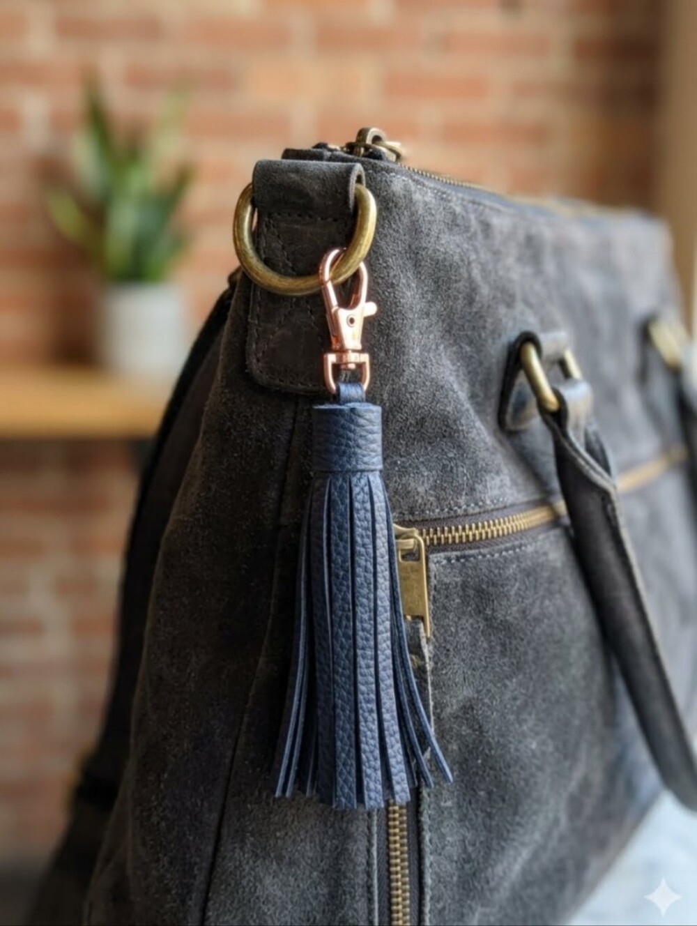 Blue Faux Leather Tassel Keychain with Gold Hardware